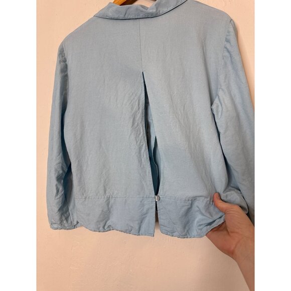 Talbots Linen Rayon Blend Boxy Button Front‎ Blouse Blue Open Back 16 Vintage - Picture 7 of 7
